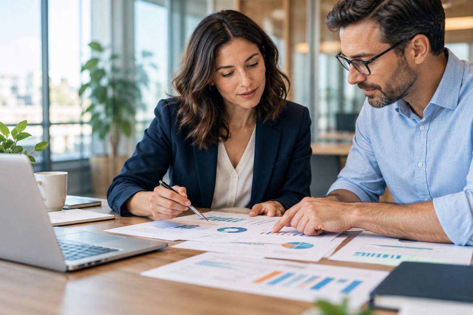 Two people reviewing business reports together